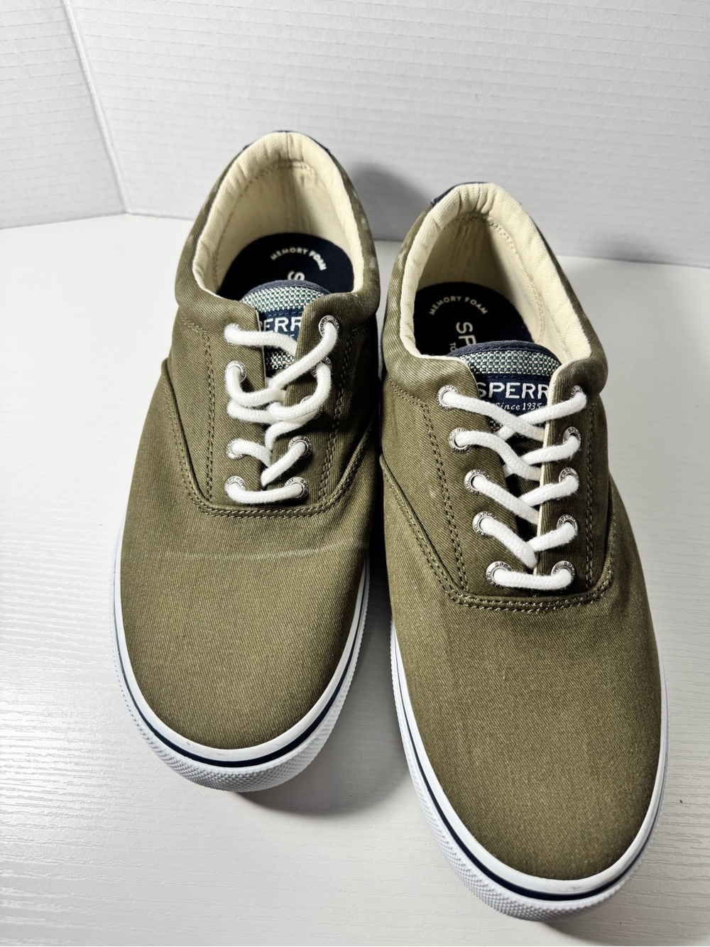 Sperry Men’s Olive Canvas Boat Shoes with White Laces